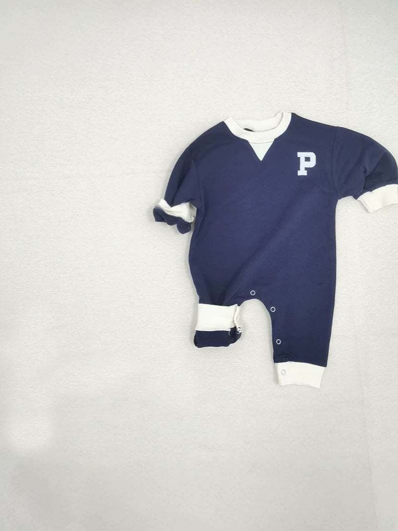 Baby One-Point Initial Color-Blocked Piping Long-Sleeve Romper【mh0014635】