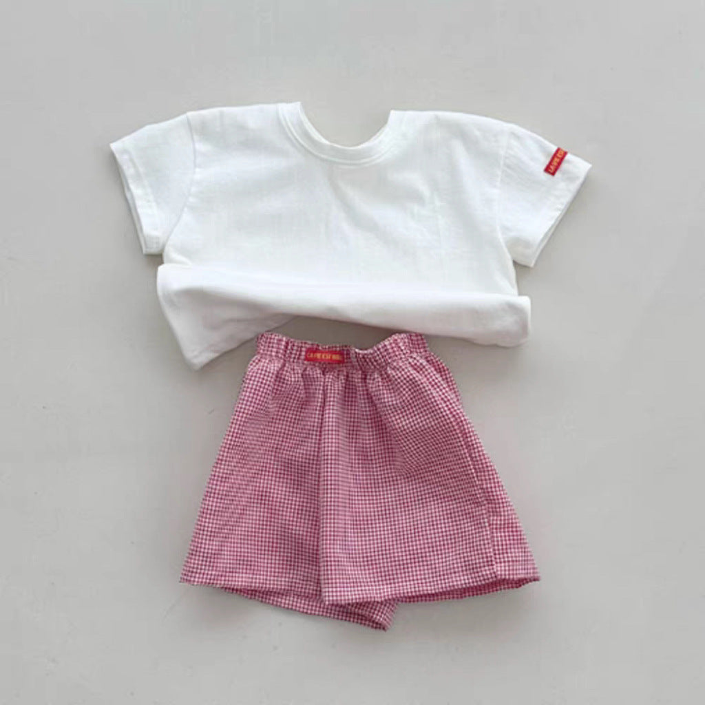 Solid Plaid ShortSleeves Shorts Set チェック 半袖Tシャツ ショートパンツ セット【mh0013269】