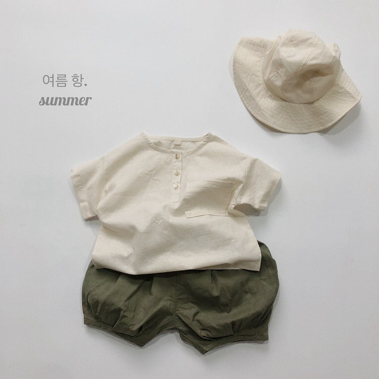キッズ コットンリネン ルーズ ヘンリーネック 半袖 シャツ【mh0001970】