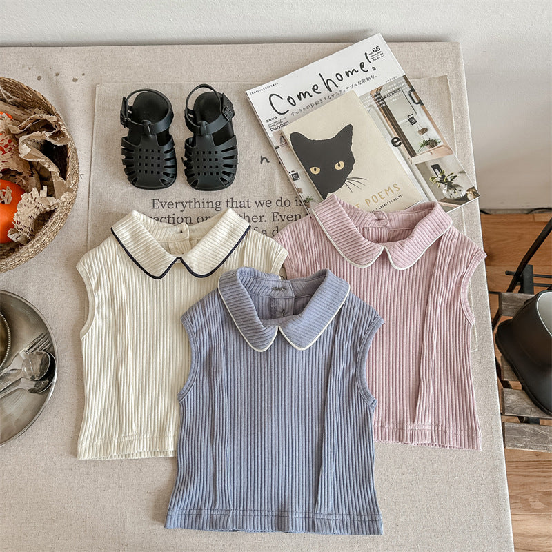Kids' Ribbed Sleeveless T-shirt with Collar and Round Neck【mh0001795】