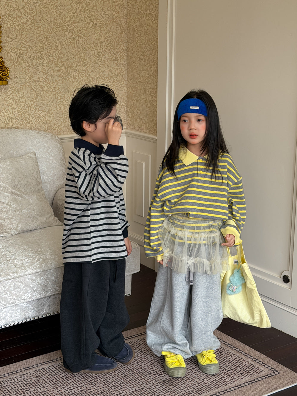 Polo de manga larga suelto con cuello de polo y rayas para niños【mh0013914】