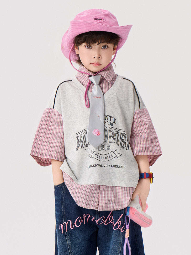 Layered Check Shirt & Denim Layered Short Sleeve Shirt Denim Pants [mh0012996]