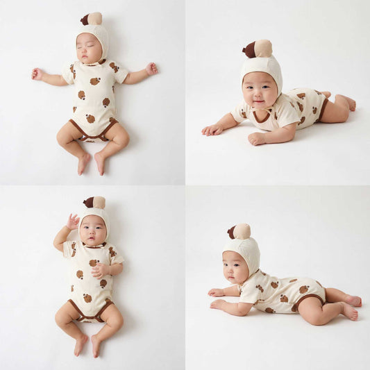 Short Sleeved Squirrel Print Jumpsuit With Chestnut Hat リスプリント 半袖ロンパース【mh0013360】