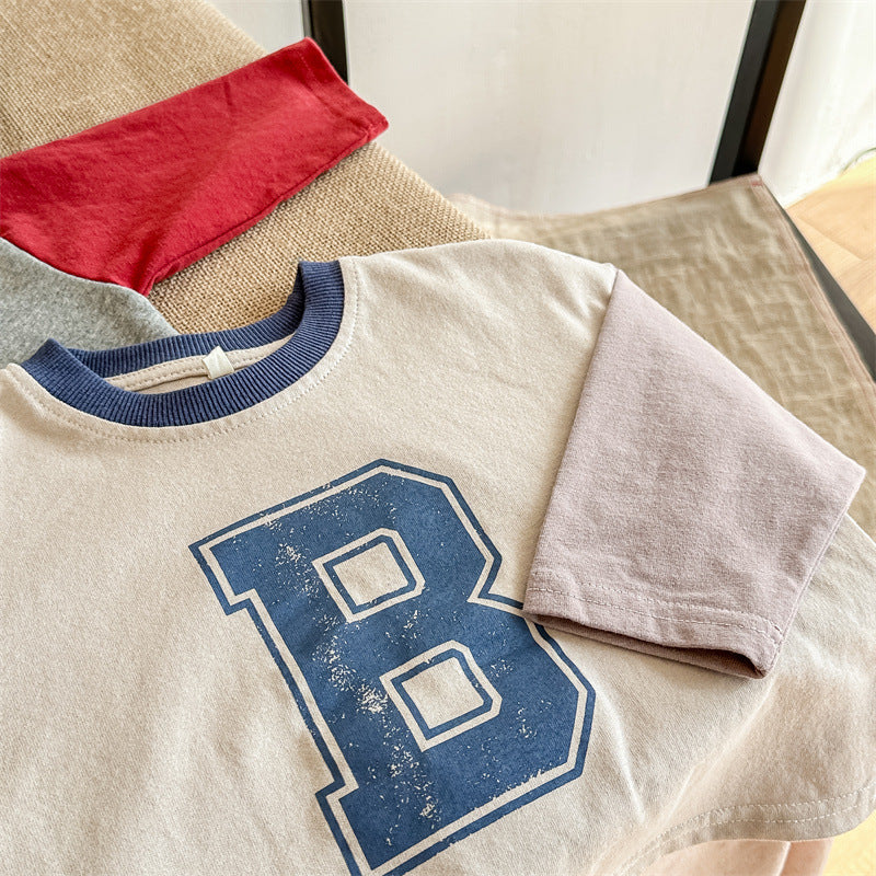 Kids Tops Long Sleeve T-Shirt Patchwork Letter Logo Print 2 Colors