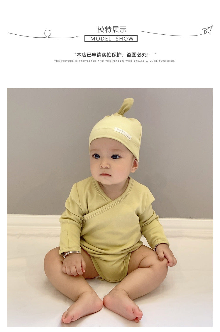 -シンプルベーシック無地長袖肌着ロンパース+とんがりキャップ帽子セット【mh0010753】 - mamahalo shop - 長袖ロンパース -  べビー服 - 子供服 - 男の子 - 女の子