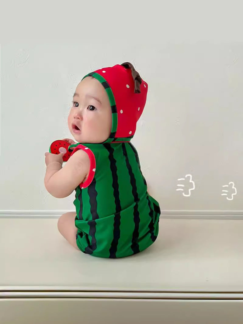 Watermelon Strawberry Fruit Motif One-Piece Swimsuit With Hat スイカ いちご ベビー ワンピース水着【mh0013377】