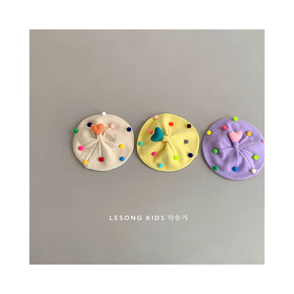 ベビー帽子 カラフルぽんぽん ハート ニット ベレー帽【mh0011842】