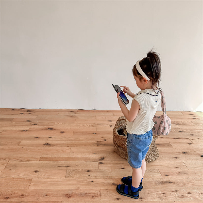 Kids' Ribbed Sleeveless T-shirt with Collar and Round Neck【mh0001795】