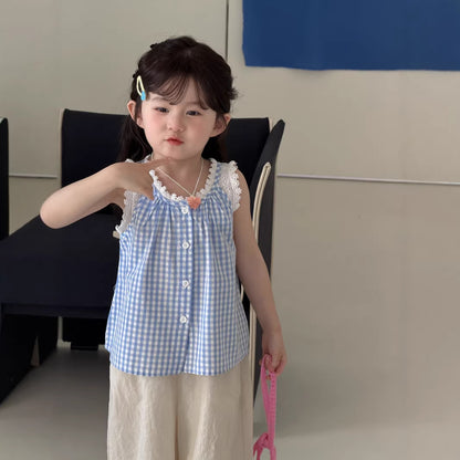 Gingham Lace Sleeveless Shirt チェック ノースリーブブラウス【mh0013117】