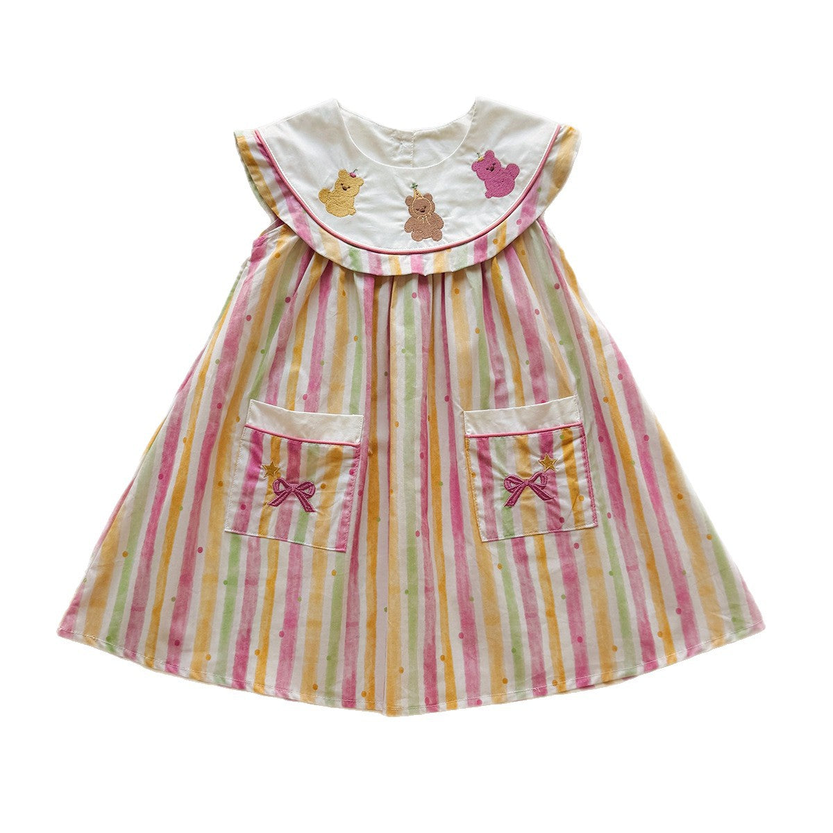 Embroidered Bear Stripe Dress ストライプ ノースリーブワンピース【mh0013652】