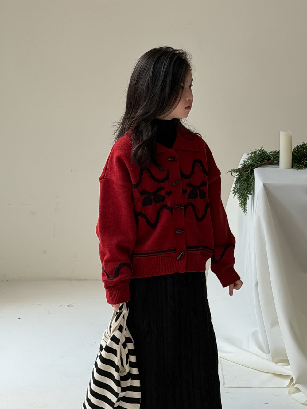 Knit jacket with collar, cherry print, thick cardigan, toggle buttons [mh0011863]