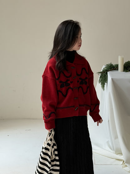 Knit jacket with collar, cherry print, thick cardigan, toggle buttons [mh0011863]