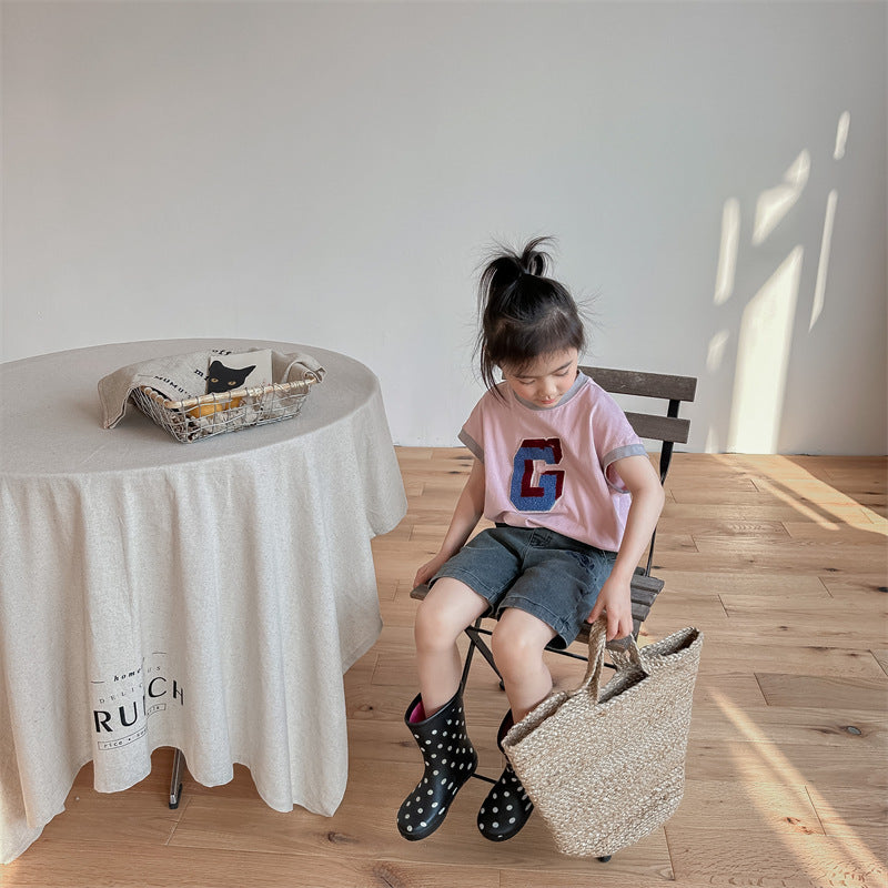 Kids' Alphabet Patchwork Applique Ringer Loose Short-Sleeved T-Shirt [mh0001820]