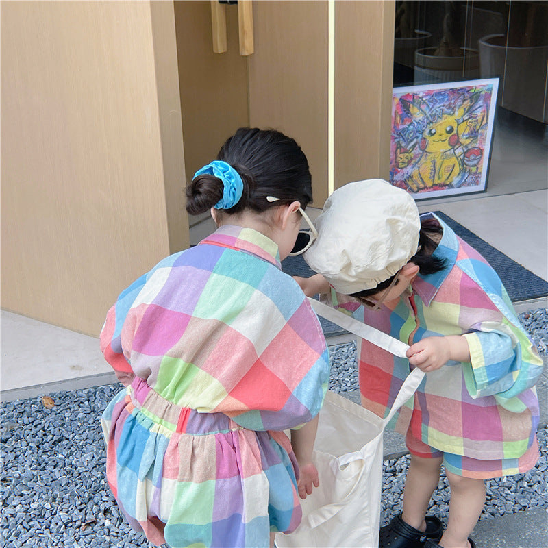 Kids' Checkered Short-Sleeved Shirt, Shorts, and Balloon Pants Set [mh0001742]
