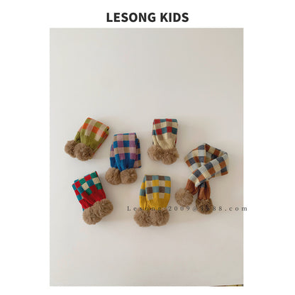 キッズマフラー カラフル ブロックチェック ぽんぽん ネックウォーマー【mh0011843】