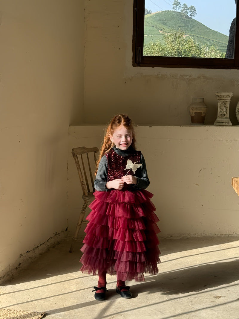 ノースリーブワンピース スパンコール メッシュチュチュスカート ドレス【mh0011894】