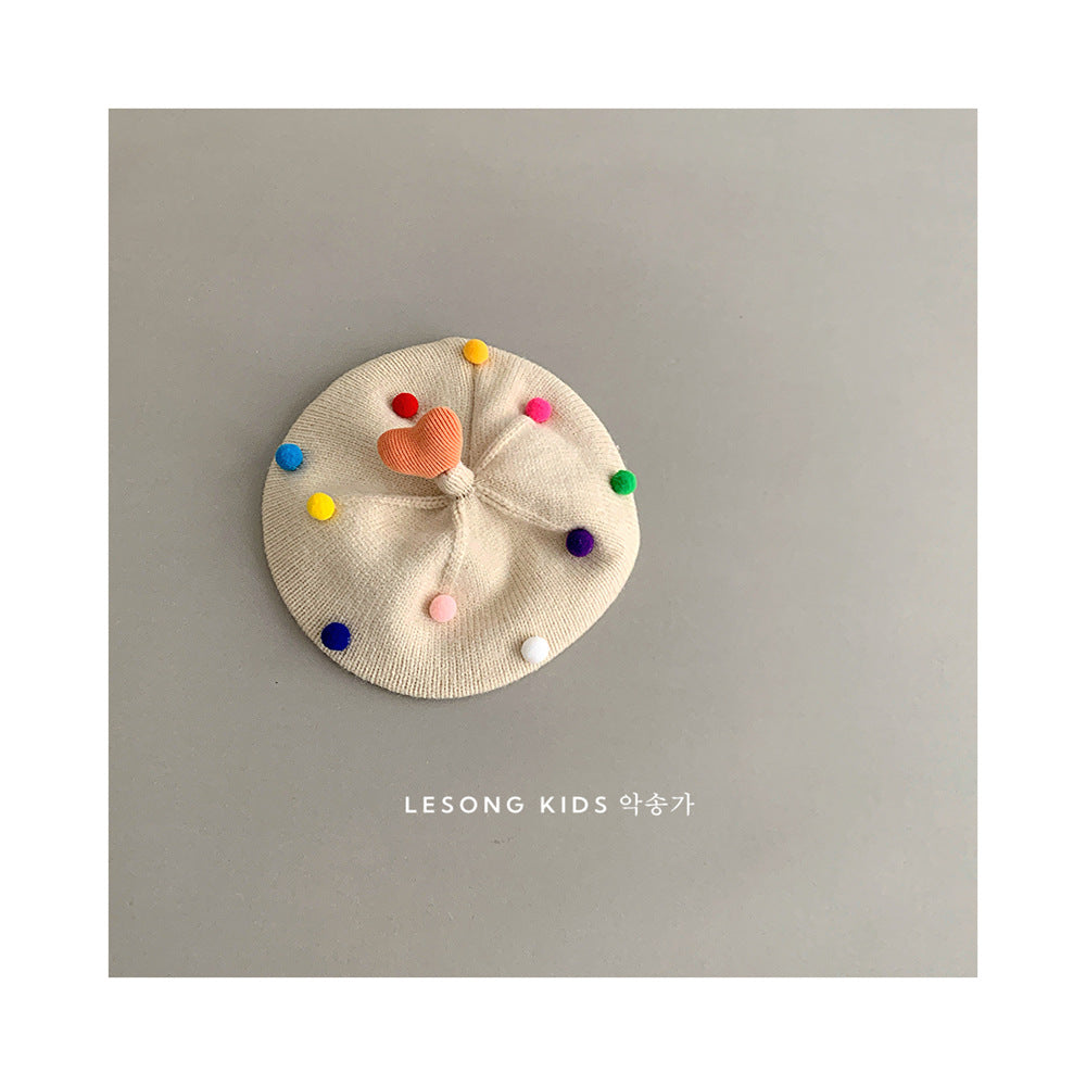 ベビー帽子 カラフルぽんぽん ハート ニット ベレー帽【mh0011842】