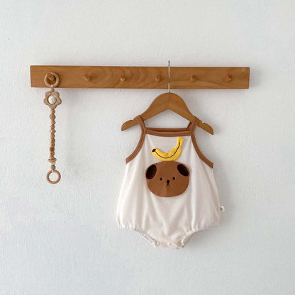-ベビー ワッフル くま ベア バナナ キャミソール ロンパース ベージュ コーヒーブラウン ユニセックス【mh0002043】 - mamahalo shop - ノースリーブロンパース -  べビー服 - 子供服 - 男の子 - 女の子