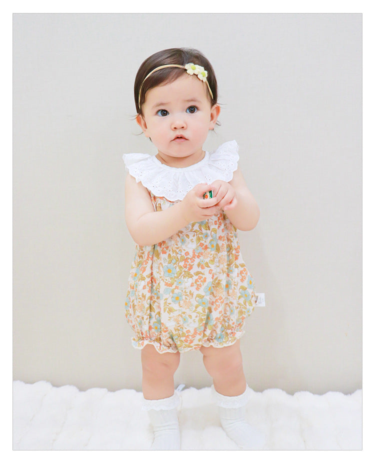 Lace Ruffle Collar Patterned Romper レース ノースリーブロンパース【mh0013607】