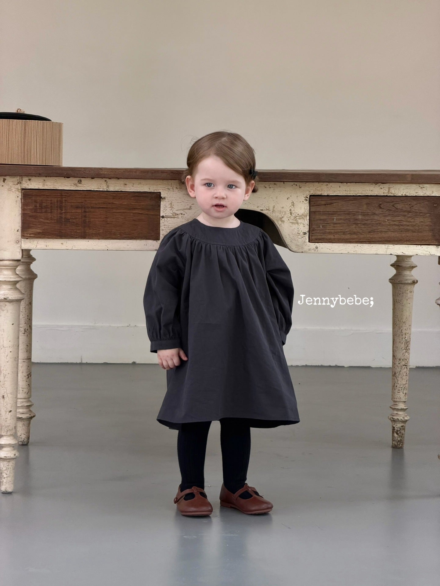Kids' Plain Long-Sleeved Back-Button Gathered-Waist Flared Dress