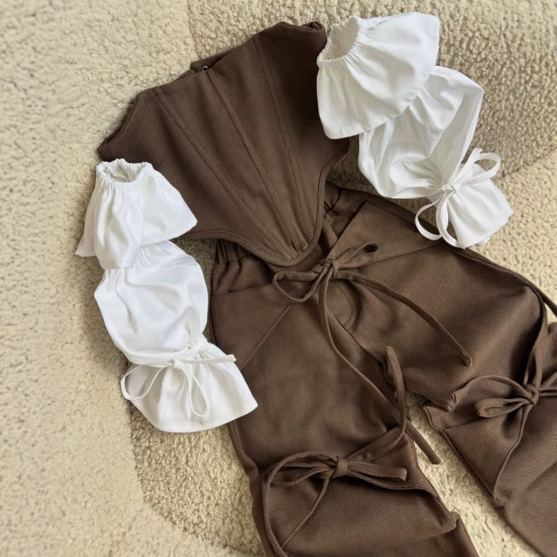 Kids' Corset-Style Puff-Sleeve Top + Ribbon Wide-Leg Long Pants Set [mh0014742]