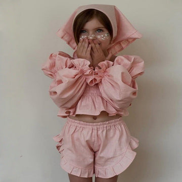 Kids' Frill Puff-Sleeve Long-Sleeve Blouse and Shorts Set [mh0013860]