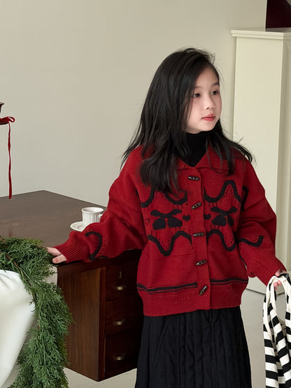 Knit jacket with collar, cherry print, thick cardigan, toggle buttons [mh0011863]