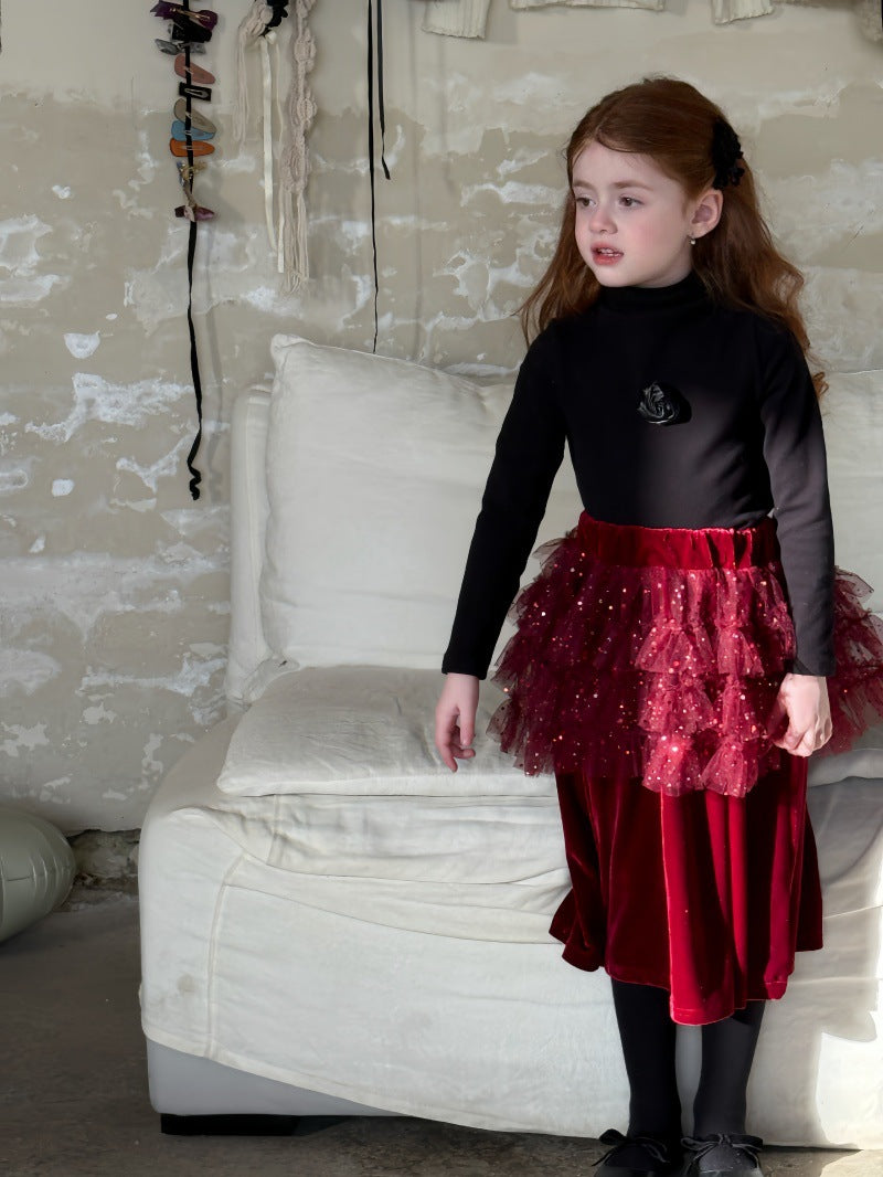 ハイネック長袖Tシャツ/ベルベッドメッシュドッキングスカート【mh0011888】