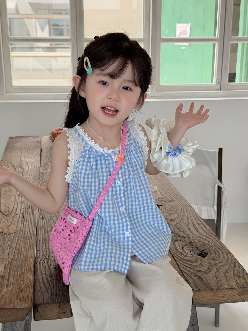 Gingham Lace Sleeveless Shirt チェック ノースリーブブラウス【mh0013117】