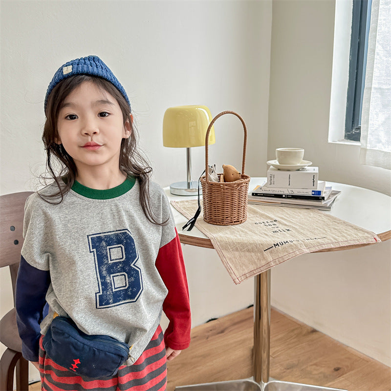 Kids Tops Long Sleeve T-Shirt Patchwork Letter Logo Print 2 Colors