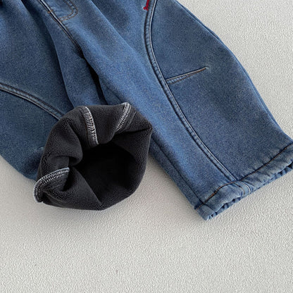 キッズ ステッチ切替 刺繍 デニム 裏起毛 カーブ ロングパンツ【mh0014764】