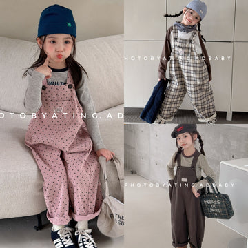 Pantalón con peto para niños de lunares y cuadros con bolsillos【mh0014053】