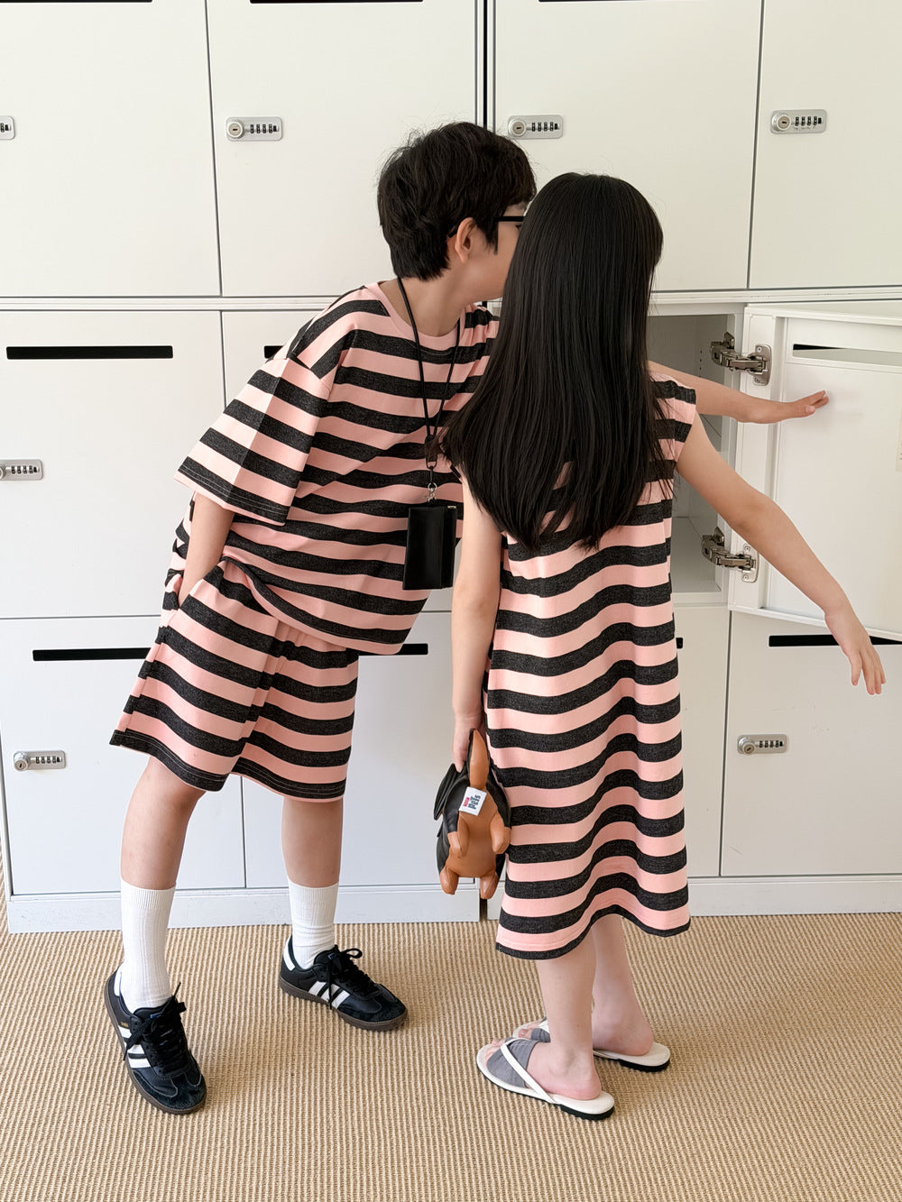 Stripe Loose T-shirt Dress And Shorts Set ボーダー 半袖Tシャツ ハーフパンツ ノースリーブワンピース【mh0013520】