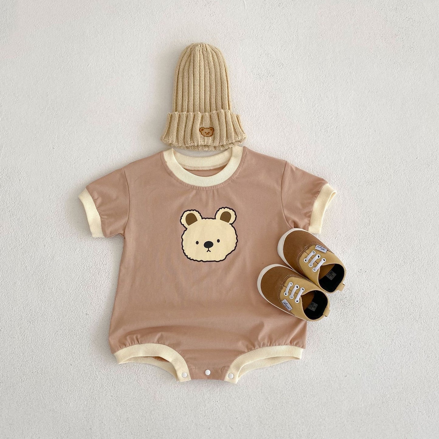 Baby Bear Print Bicolor Piping Short Sleeve Romper [mh0001860]