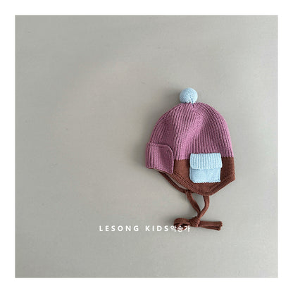 キッズ ニット帽 パッチワーク カラーブロック ポケット付き 耳当て 防寒【mh0011602】