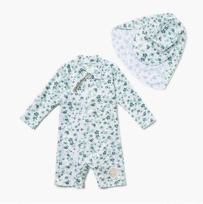Long-sleeve Diagonal Zipper One-piece Beach Sun Protection Surf Suit ボタニカル 長袖水着 帽子セット【mh0013316】
