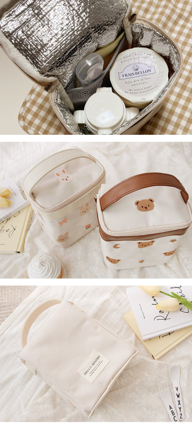 -保温保冷バッグ ピクニックバッグ お弁当袋 鞄 バニティ ポーチ ままバッグ うさぎ くま ベア 刺繍 2柄 - mamahalo shop - ランチボックス・ランチバッグ -  べビー服 - 子供服 - 男の子 - 女の子