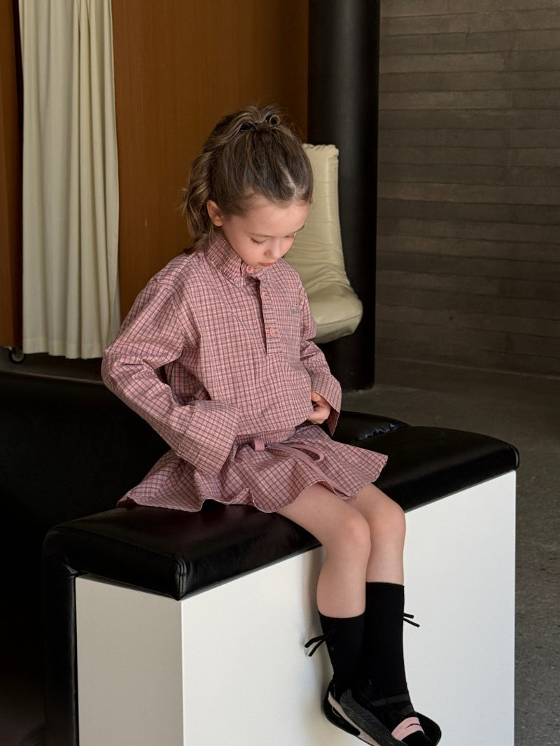 Kids' Plaid Stand-Collar Ruffled Long-Sleeve Shirt and Miniskirt Set [mh0014078]