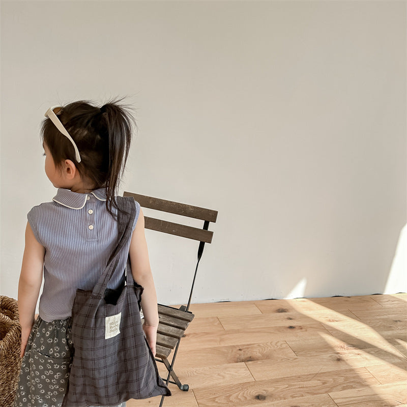 Kids' Ribbed Sleeveless T-shirt with Collar and Round Neck【mh0001795】