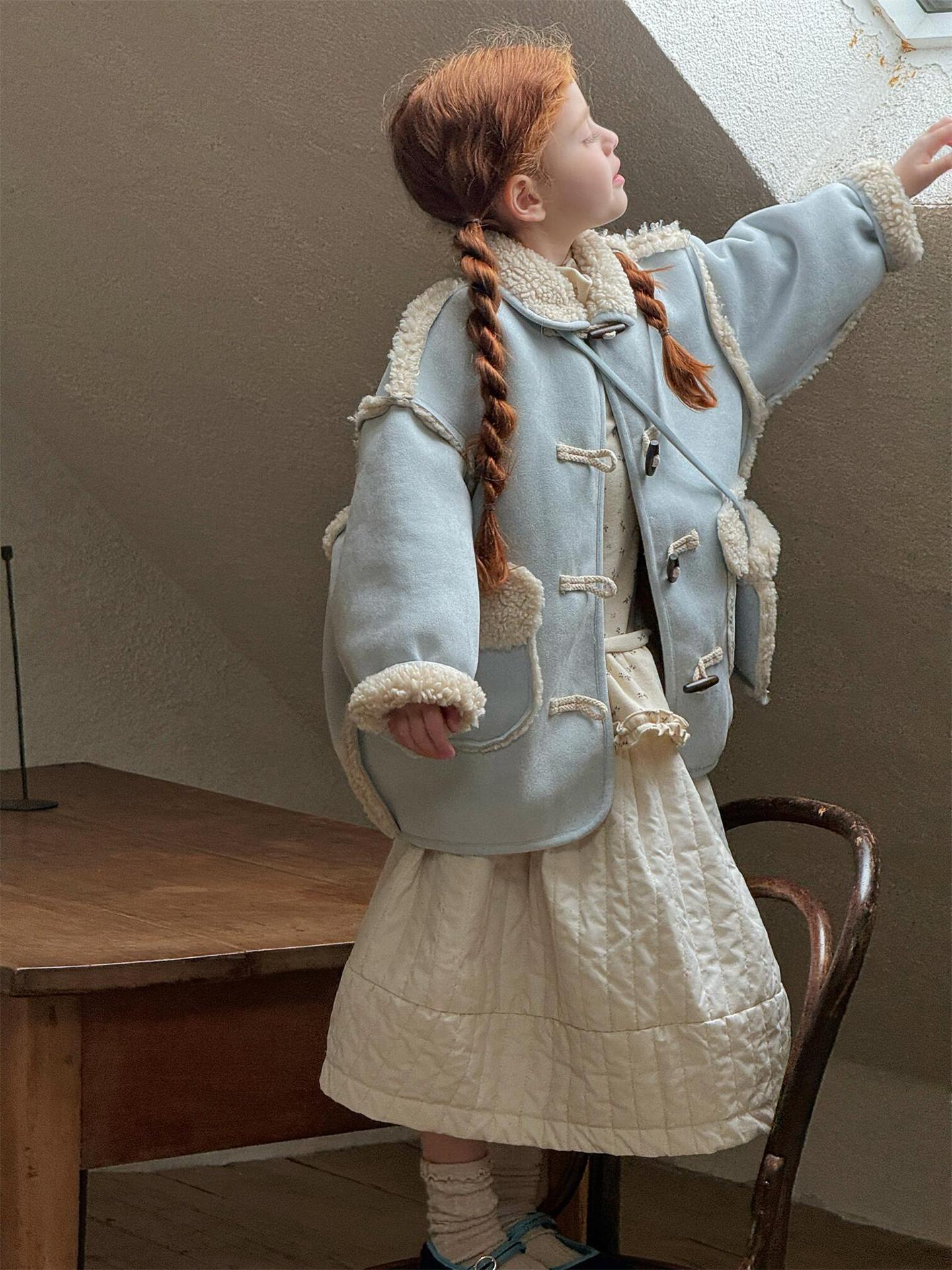 Faux shearling duffle coat with boa, dull blue, mid-length [mh0011751]