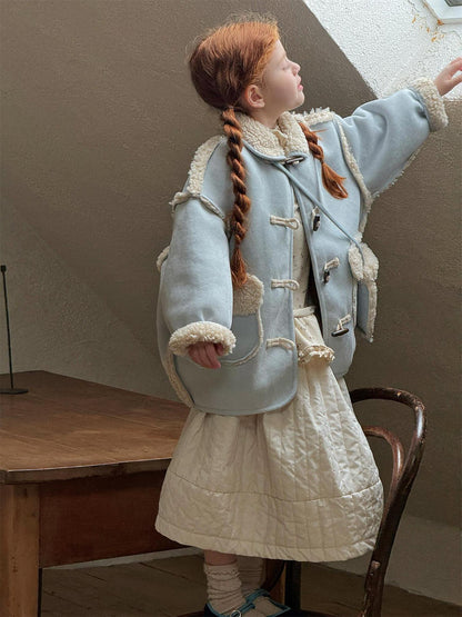 Faux shearling duffle coat with boa, dull blue, mid-length [mh0011751]