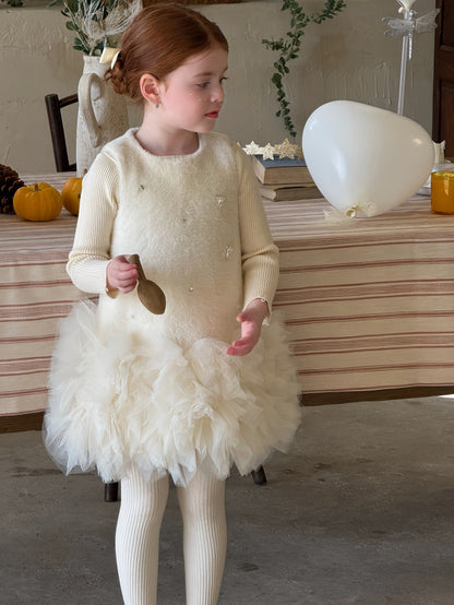 ノースリーブワンピース フリース ボリュームチュールスカート ビーズ刺繍【mh0011887】