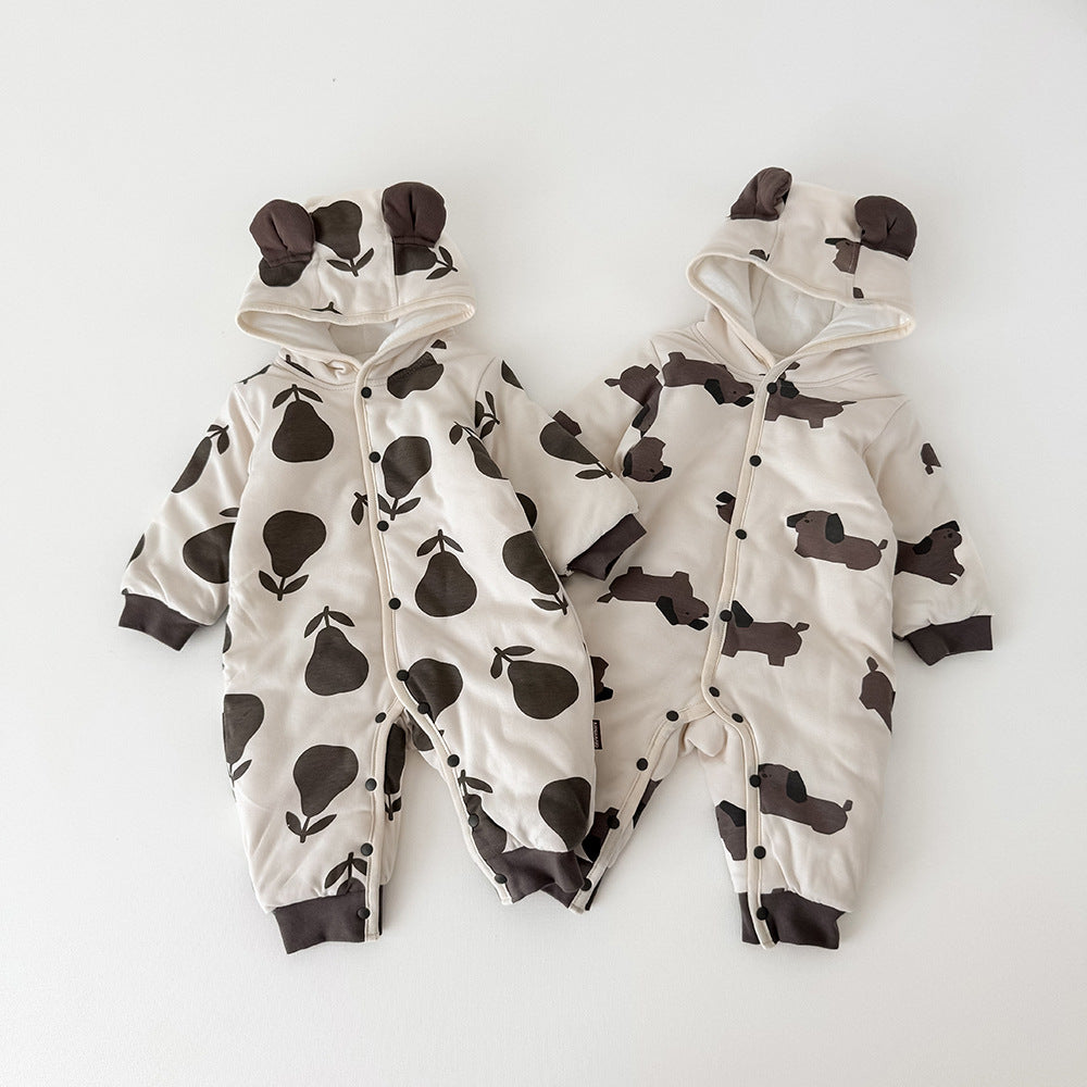 アウタージャンプスーツ 耳付きフーディ 中綿 厚手 プリント【mh0011695】