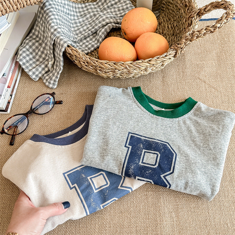 Kids Tops Long Sleeve T-Shirt Patchwork Letter Logo Print 2 Colors
