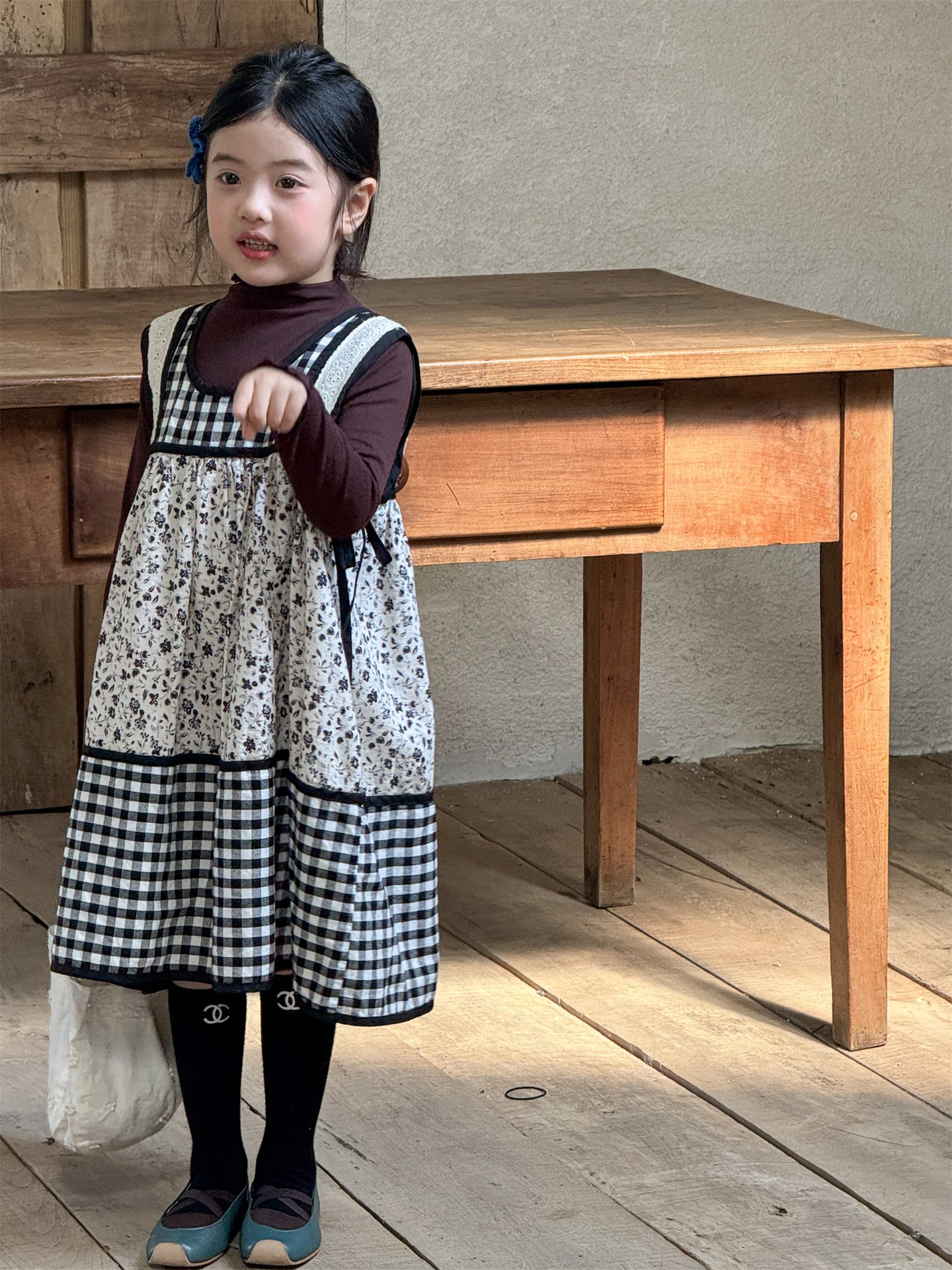 -チェック柄小花プリントノースリーブワンピース レイヤードワンピース【mh0010991】 - mamahalo shop - 長袖セットアップ -  べビー服 - 子供服 - 男の子 - 女の子