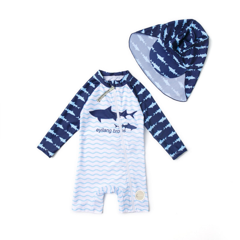 One-Piece Surf Wear With Matching Cap プリント 長袖水着 帽子セット【mh0013315】