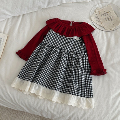 Vestido camisero de tirantes para bebé y niña con estampado de cuadros vichy, cuello con volantes, acabado en ondas y detalle de encaje, incluye camiseta de manga larga 【mh0014481】