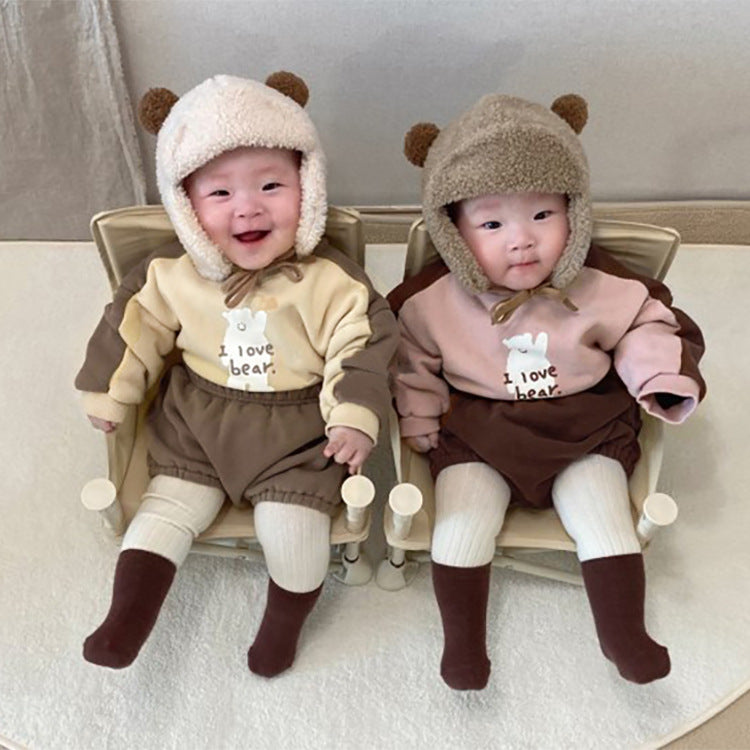 Bear Fleece Sweatshirt & Shorts Set クマ プリント 裏起毛 セットアップ【mh0012681】