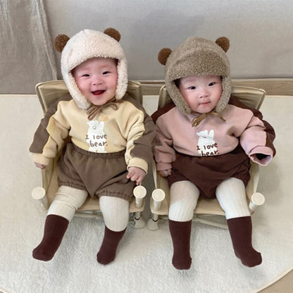 Bear Fleece Sweatshirt & Shorts Set クマ プリント 裏起毛 セットアップ【mh0012681】