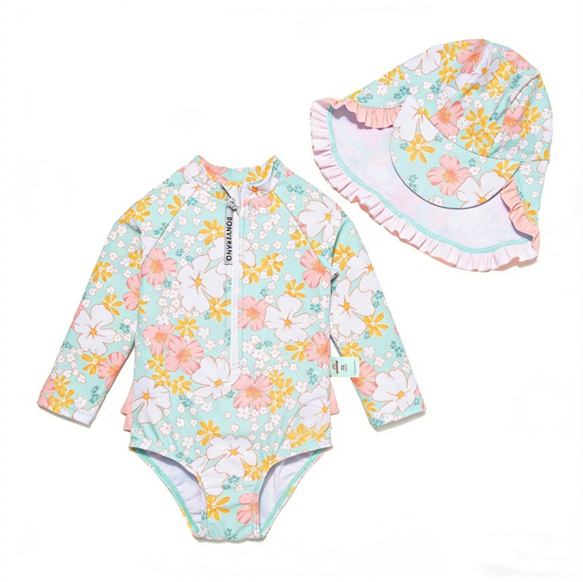Baby Girls One-piece Sun Protection Surf Suit ボタニカル 長袖水着 帽子セット【mh0013317】